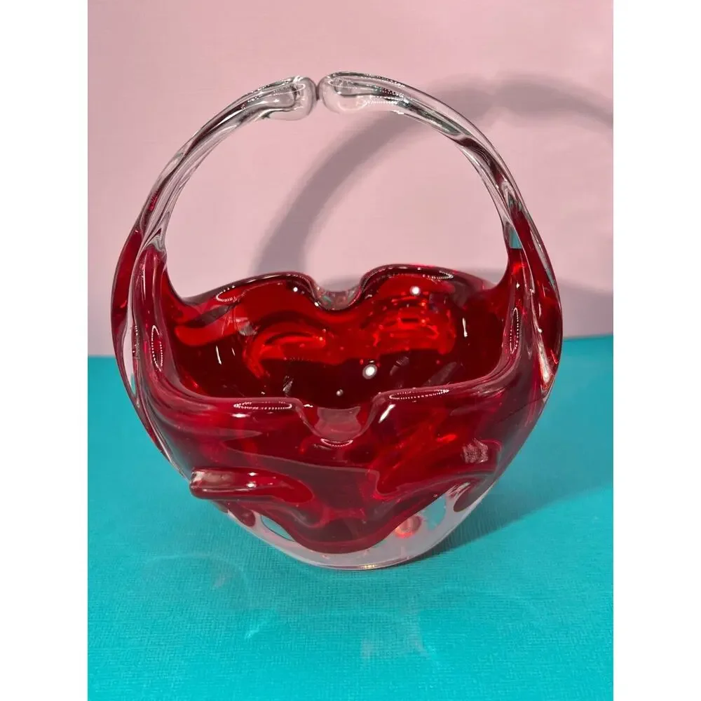 Murano Hand Blown Art Glass Sommerso Basket Ruby Red & Clear Handle